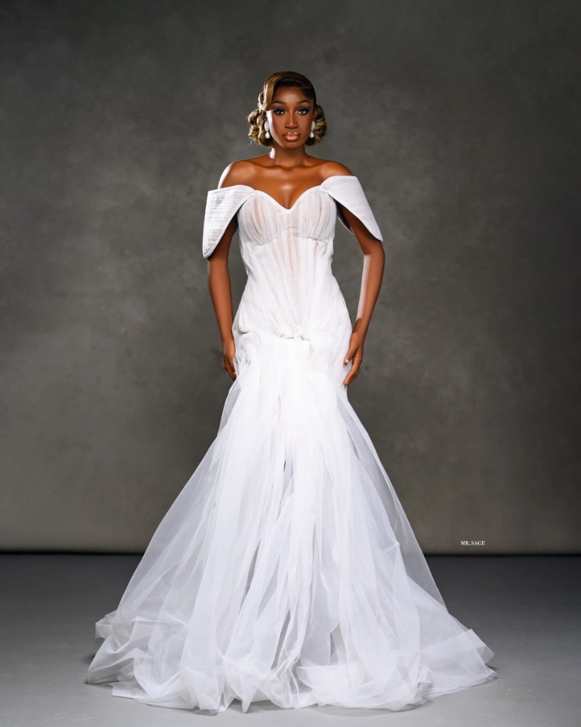 Structured off-shoulder bridal gown